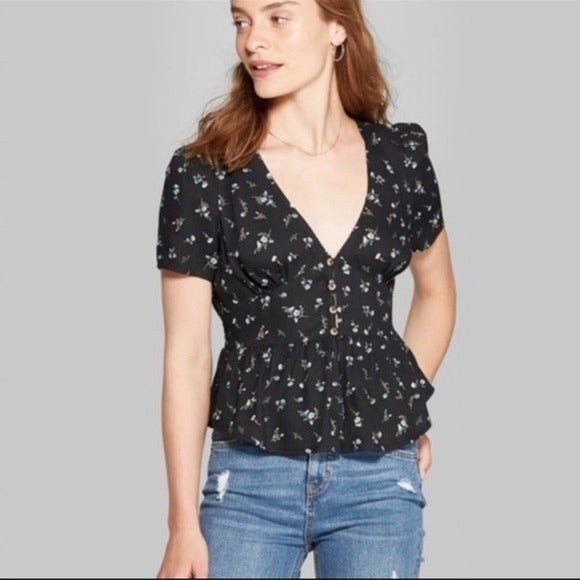 Wild Fable Peplum Floral Button Blouse | Black | XS - Picture 2 of 11